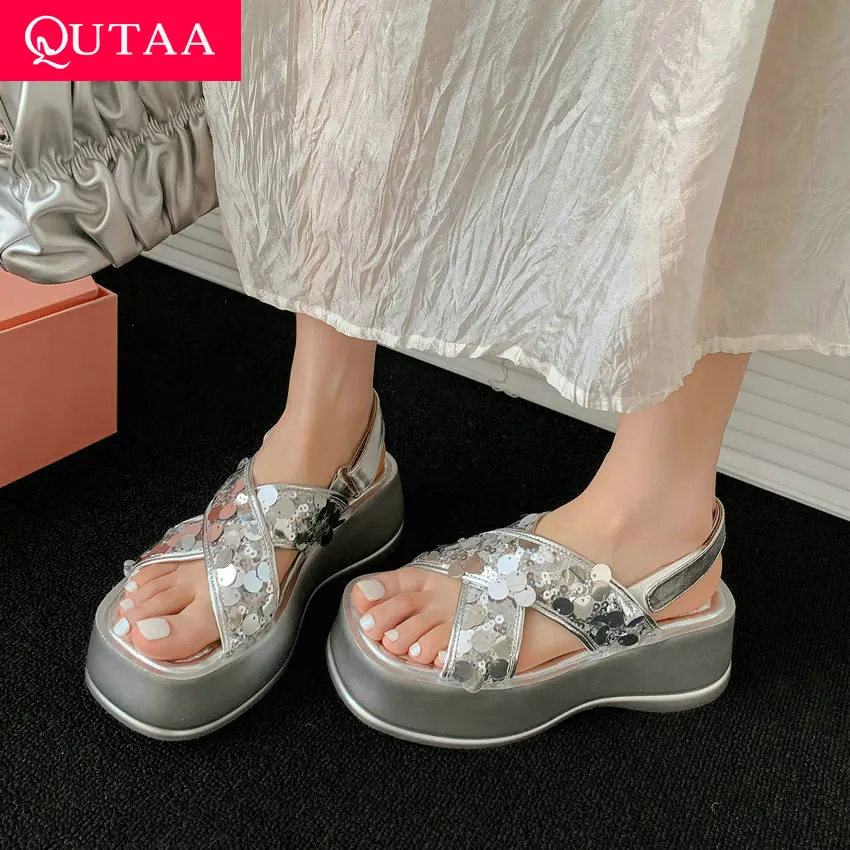 QUTAA 2024 Gold Silver Party Wedding Shoes For Women Wedge High Heels Prom Pumps Sexy Slingbacks Sandals Size 34-39