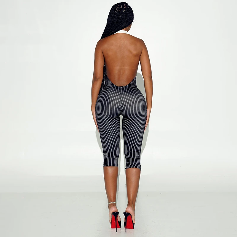 Sexy, tief ausgeschnittener, ärmelloser, rückenfreier, gestreifter, schmal geschnittener, siebenteiliger Jumpsuit – Detail 3