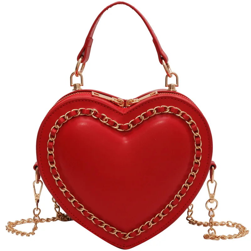 New Fashionable Heart Shaped Red Bag Summer Versatile Chain Crossbody Bag Female Autumn Solid Color PU Leather Zipper Handheld