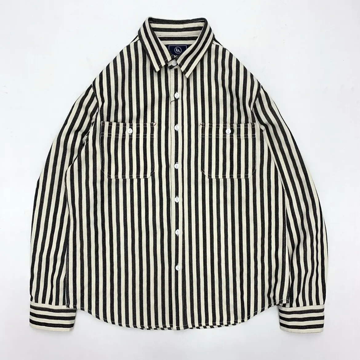 

American Amekaji Japanese Retro Youth Work Shirt 100% All-Cotton Color-Woven Striped Loose Fit Long Sleeve Workwear Tops for Men