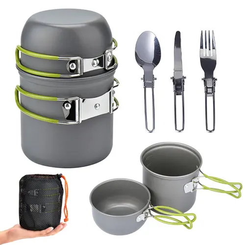 Imagen 2 del producto Kit de vajilla de picnic para acampar al aire libre, juego de utensilios de cocina para exteriores, cuchara plegable, tenedor, cuchillo, tetera, taza, suministros de equipo de Camping