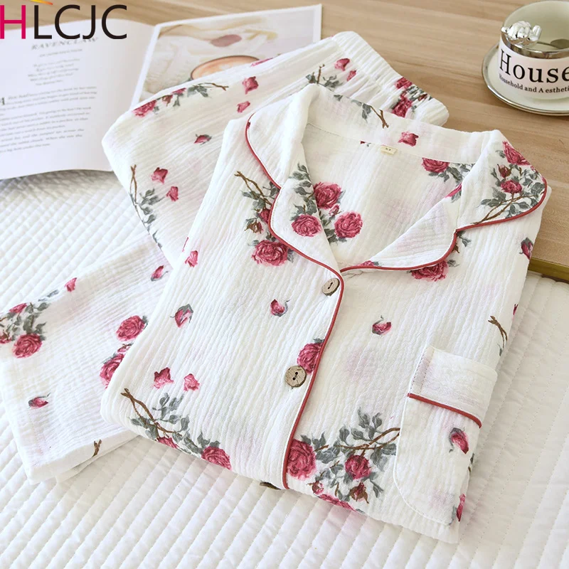 100% Cotton Gauze Women Pajamas Set Red Rose Print Sleepwear 2025 Spring Female 2 Piece Set Nightwear Lady Pyjamas Loungewear