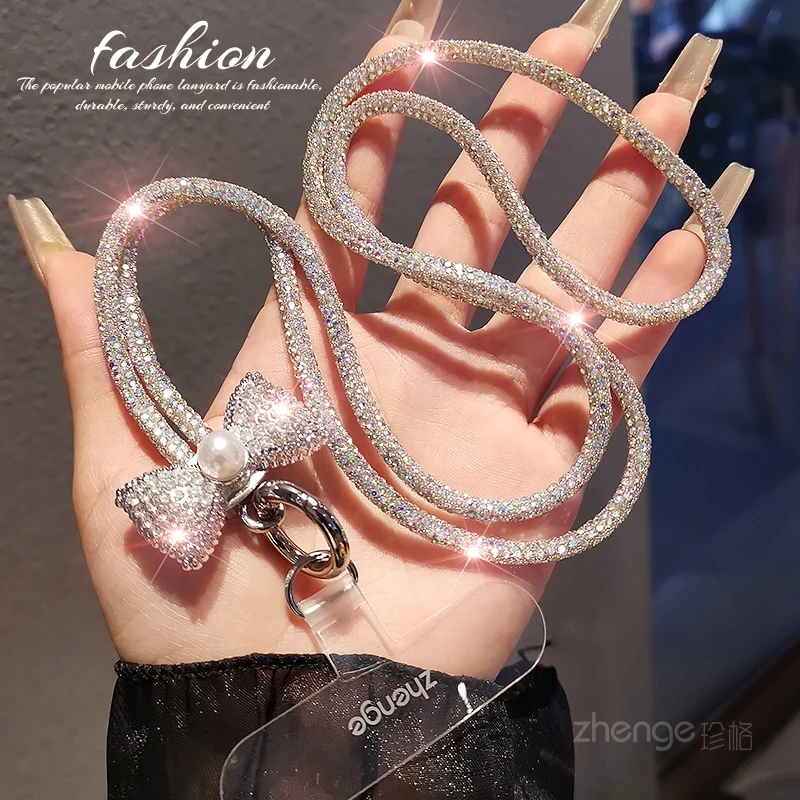

Luxury Rhinestone Bow Pearl Phone Strap, Thin Shiny Long Universal Charm for Neck & Wrist