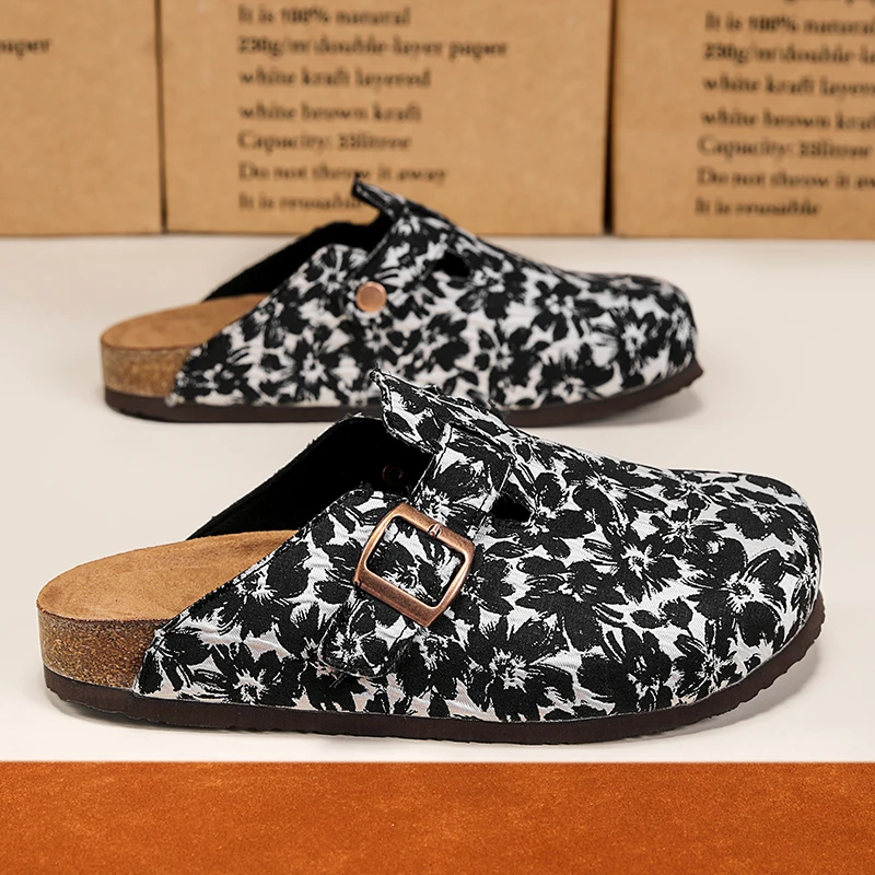Mens Wide Box Toe Slippers Closed Toe Cork Sandals Backless Clogs Comfort Health Footbed Fashion Slip-on Mules Indoor Outdoor
