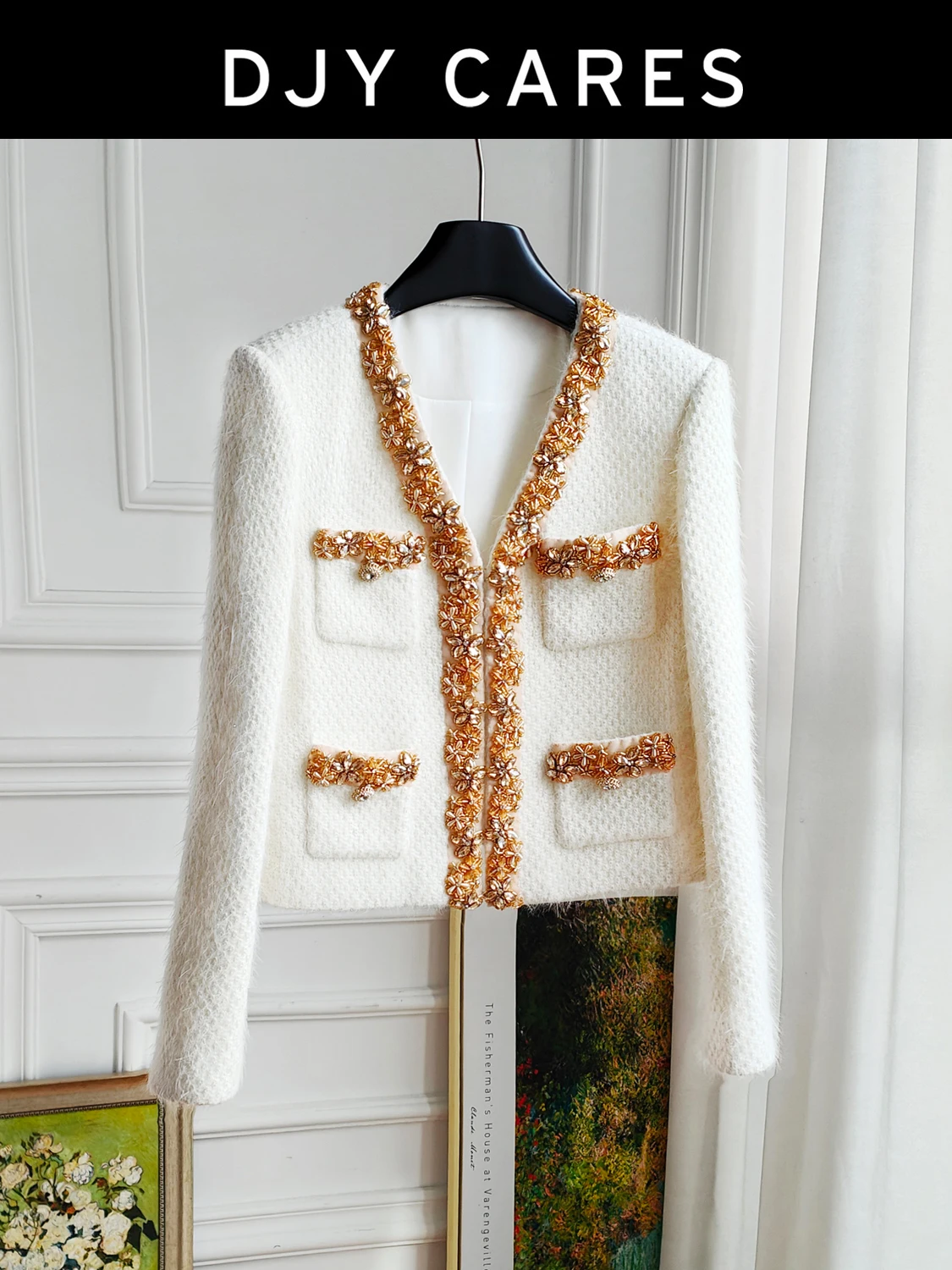 New Heavy Industry Nail Bead Design White Coat Versatile V-neck Top big  size