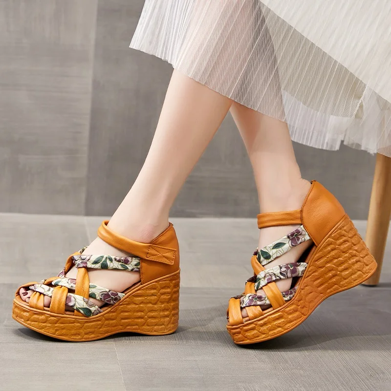 DRKANOL 2024 Women Wedges Sandals Summer Shoes Printing Cross Genuine Leather National Style Chunky Platform Fish Mouth Sandals