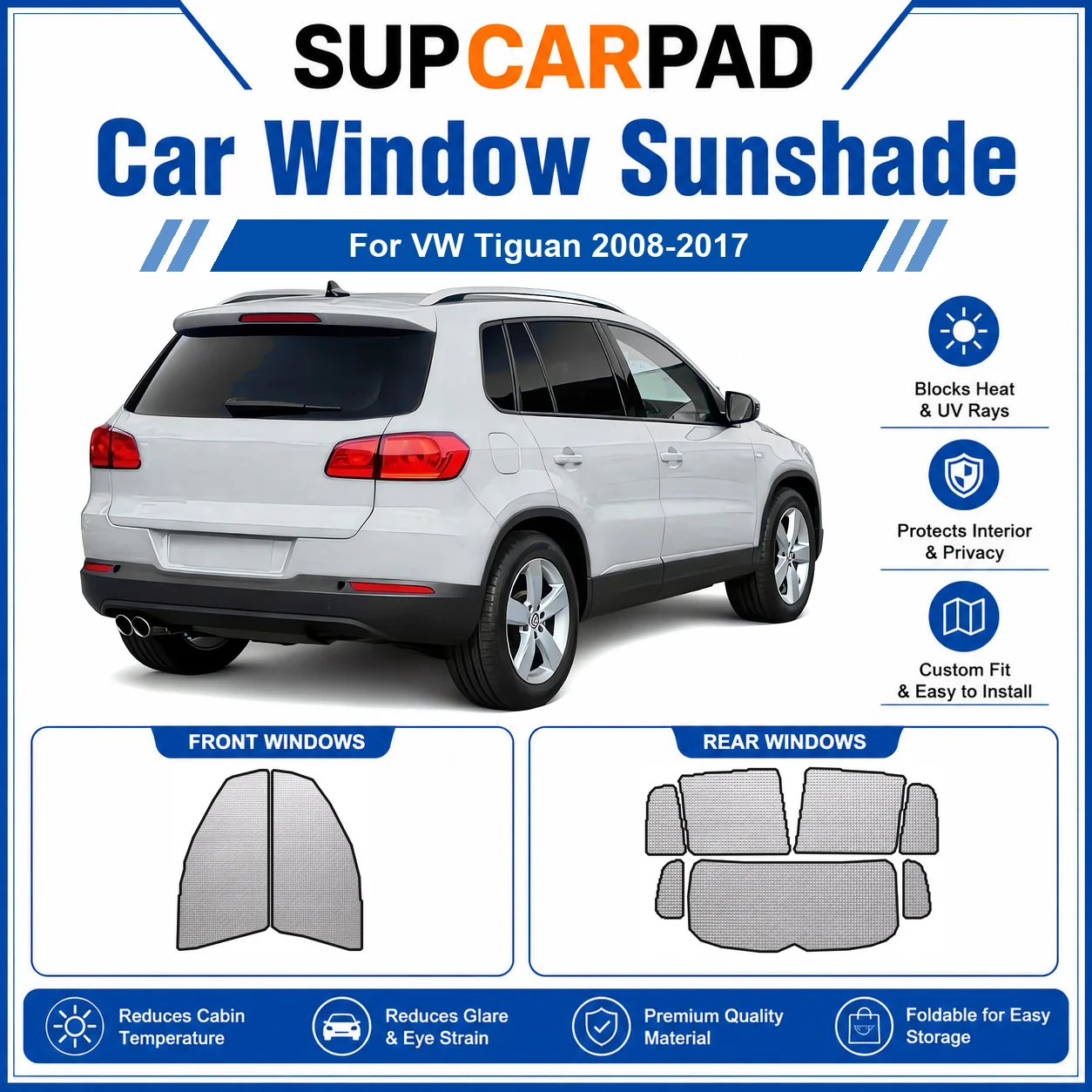 For VW - VW Tiguan 2008-2017 Full Set Car Window Sunshades UV Block Privacy Heat Insulated Foldable Car Curtain