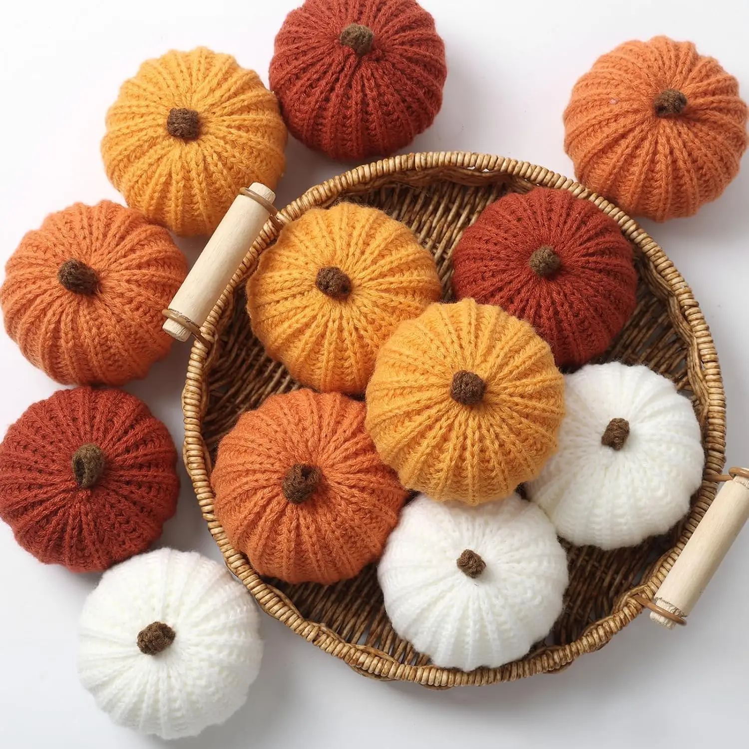12 Pack Handmade Crochet Pumpkin Ornaments, Mini Knit Fall Decor for Halloween Thanksgiving Farmhouse Home, Rustic Autumn Color