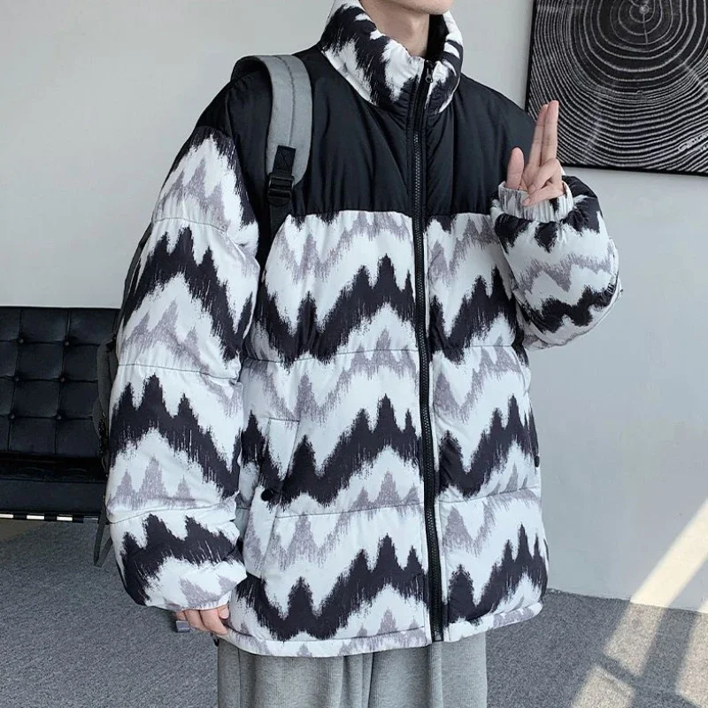 Thick Warm Fashion Stand Collar Outwear Large Size Loose Trendy Printed Outcoat Men High Quality Cotton-Padded Coat Winter Male