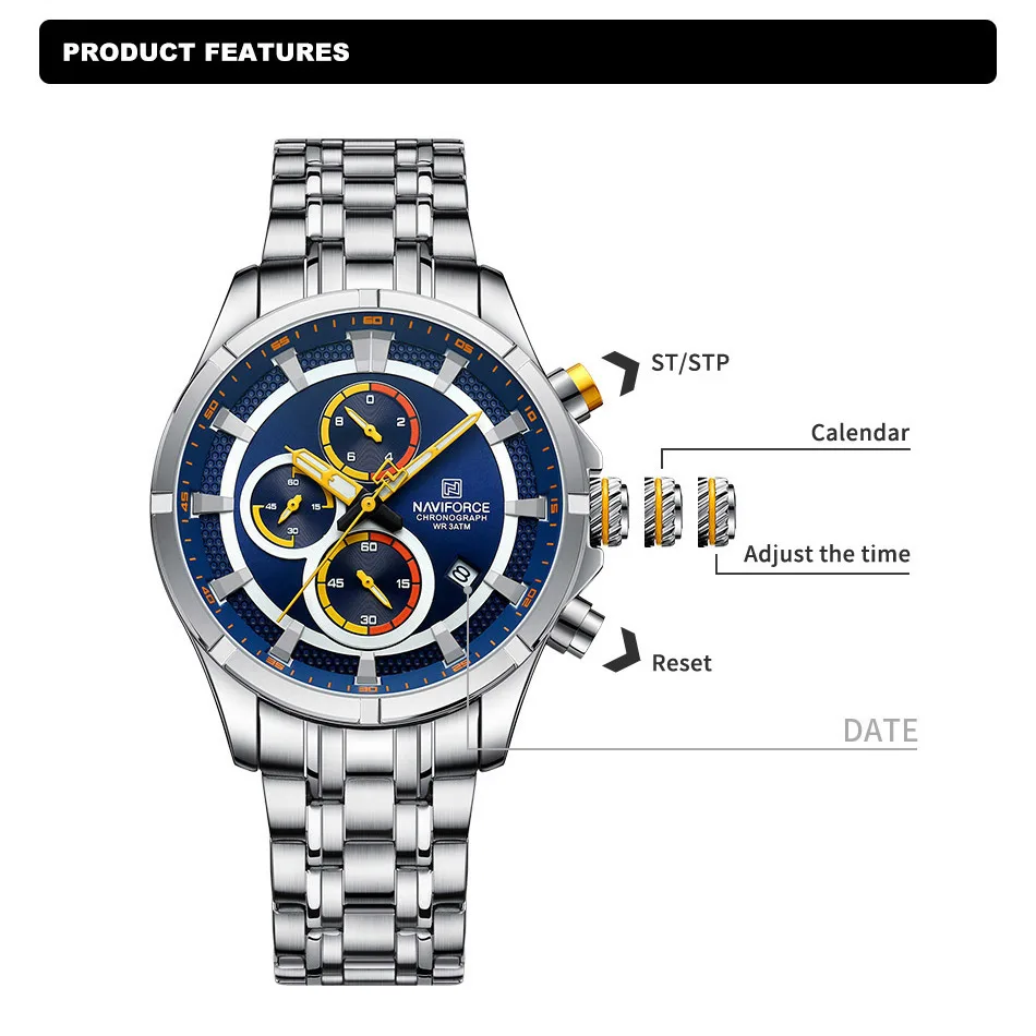 NAVIFORCE Original Luxury Watches For Men Stainless Steel Band Calendar Quartz Wristwatch Waterproof Luminous Clock Reloj Hombre