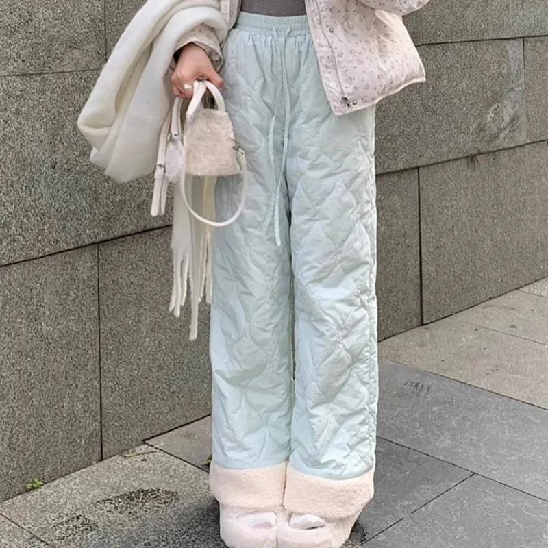 Korean Casual Lamb Brushed Pants for Women Fleece Pink Fashion Baggy Y2k Cute Cotton-padded Trousers Harajuku Kawaii Winter