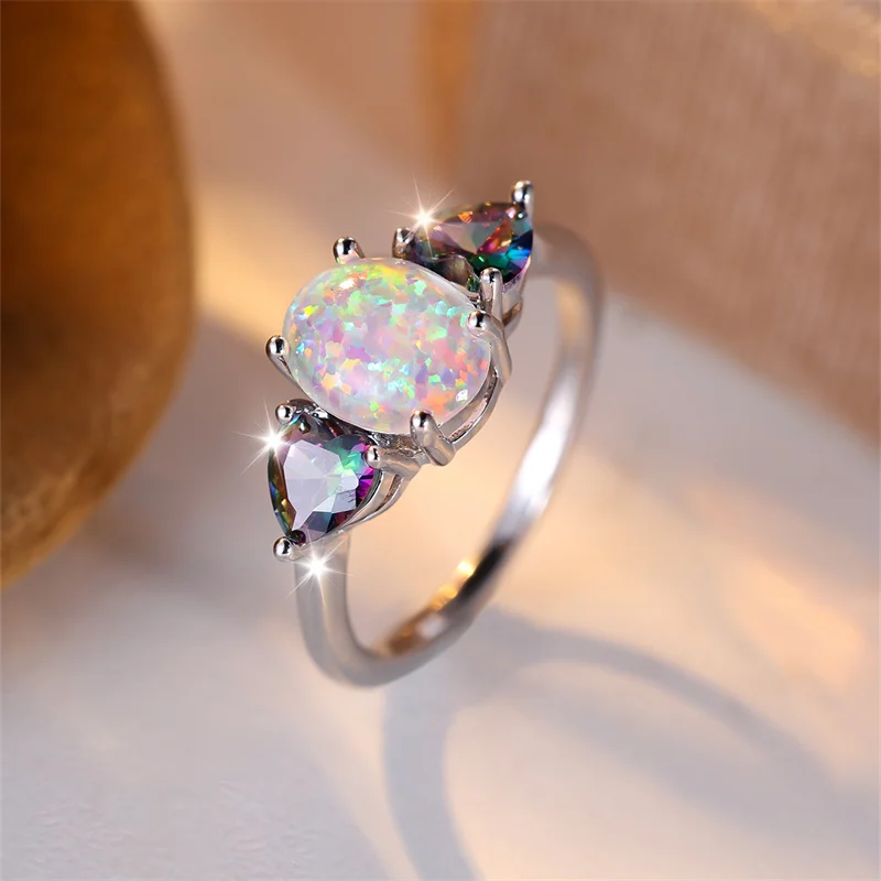 Oval Mystic White Fire Opal Rings For Women Silver Color Wedding Bands Rainbow Heart Zircon Engagement Party Jewelry Mother Gift