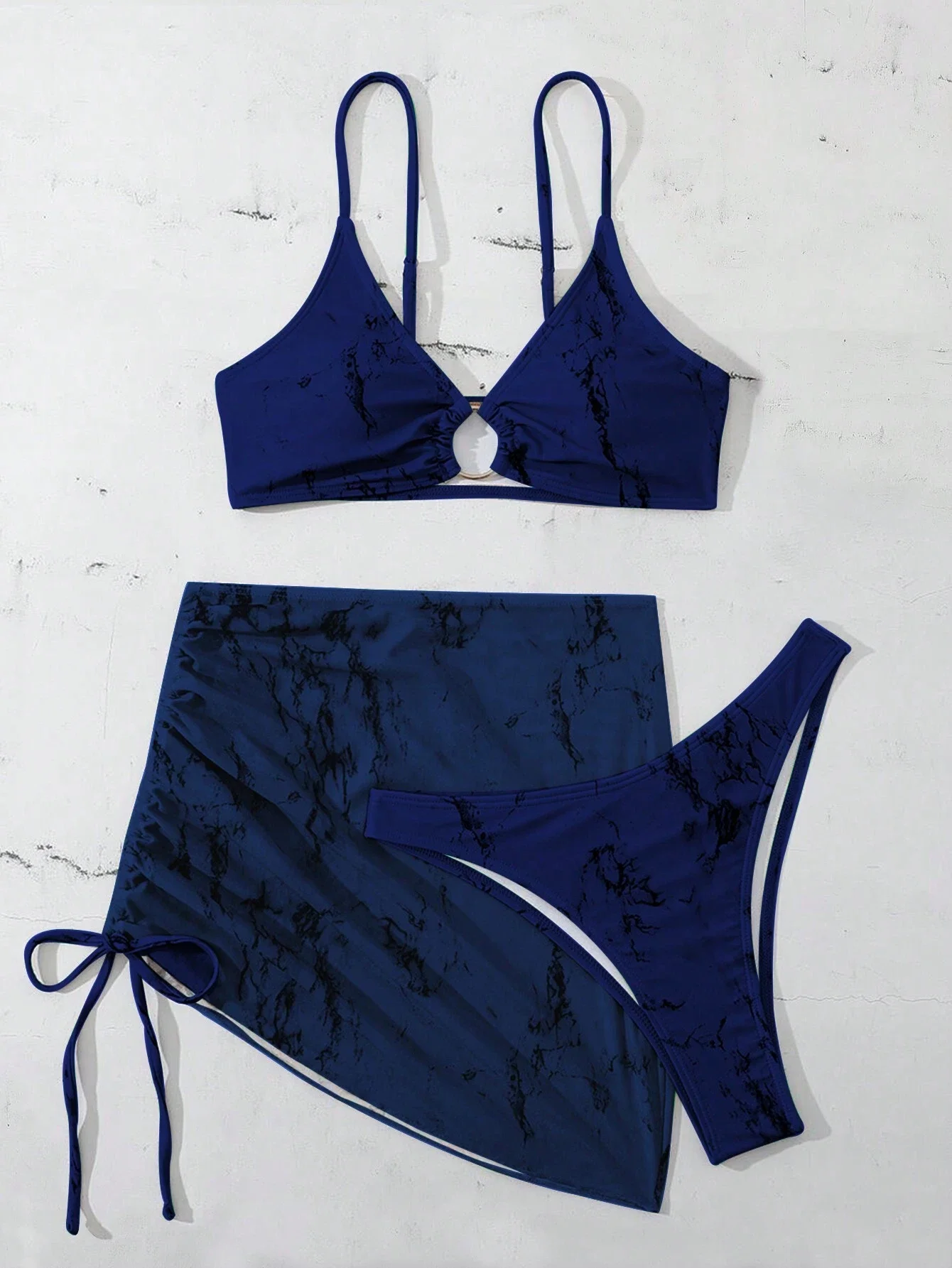 

Blue Marble Print 3 Piece Bikini Set With Ring Detail