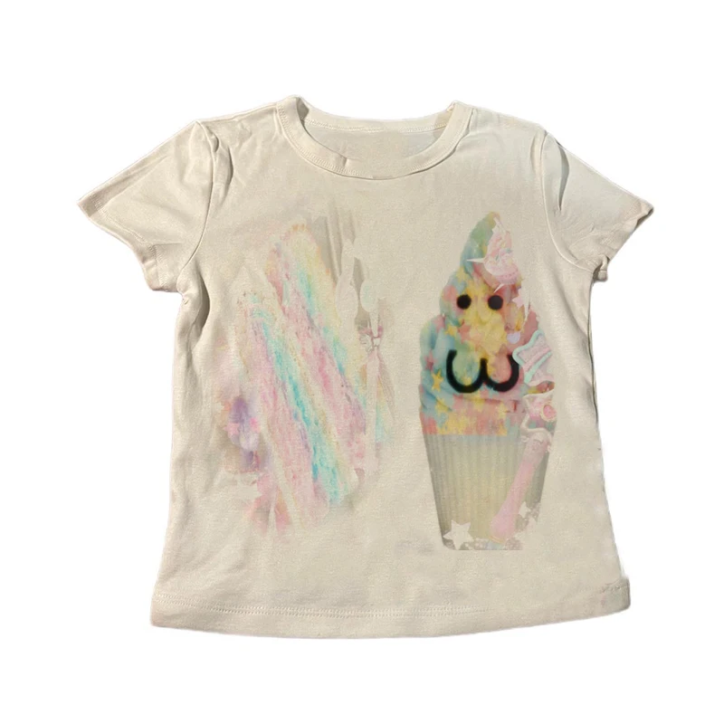 Women White Slim T-Shirt Rainbow Cupcake Ice Cream Cartoon Face Print Tee Kawaii Pastel Harajuku Y2K Streetwear Short Sleeve Cas view 5