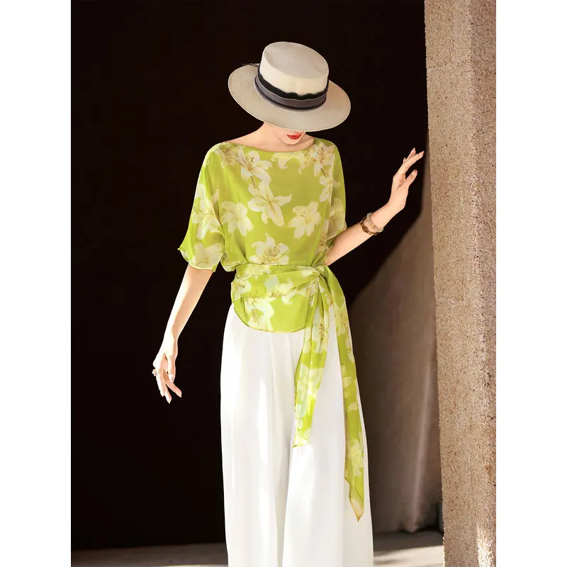 MEXCOCO Summer New Women Elegant French Blouse Off Shoulder Cinched Waist Tie Belt Printed Shirt Top