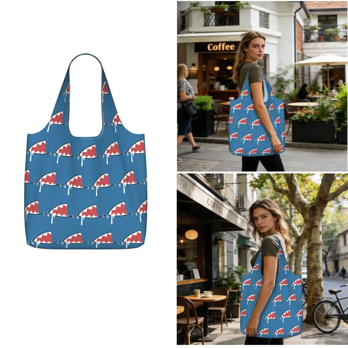 Gawr Gura Shark Mouth Shopping Tote Bag Canvas Large Capacity Shoulder Bags Shopper Grocery Handbag for Women