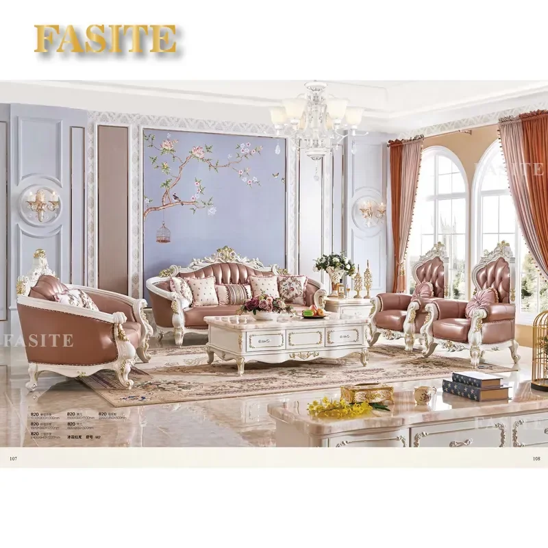 For European Luxury Carved Solid Wood French Genuine Leather Sofa Set 1 2 4 Seater Couch Hotel Villa Home Living Room