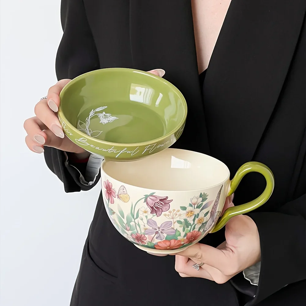 2pcs French Vintage Coffee Mug Set Floral Hand Painted Ceramic Cups Saucers Large Capacity Coffee Mug Coffeeware With Gift box