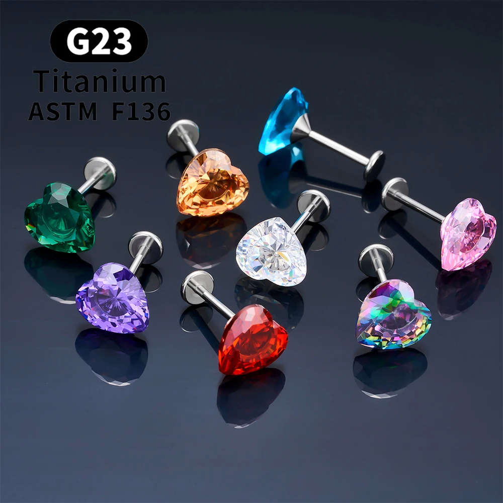 G23 Titanium Heart-shaped Stud Earrings for Women Girl 16G CZ Pin Type Labret Lip Ring Nose Ear Cartilage Tragus Body Jewelry