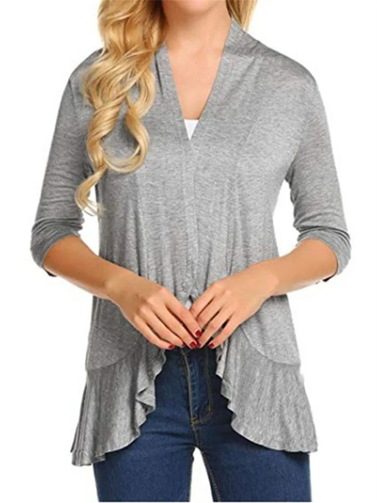 Dámský jarní podzimní kardigan, jednobarevný, 3/4 rukáv, volánový lem, kabáty, topy, ležérní saka, svrchní oblečení - náhled 4