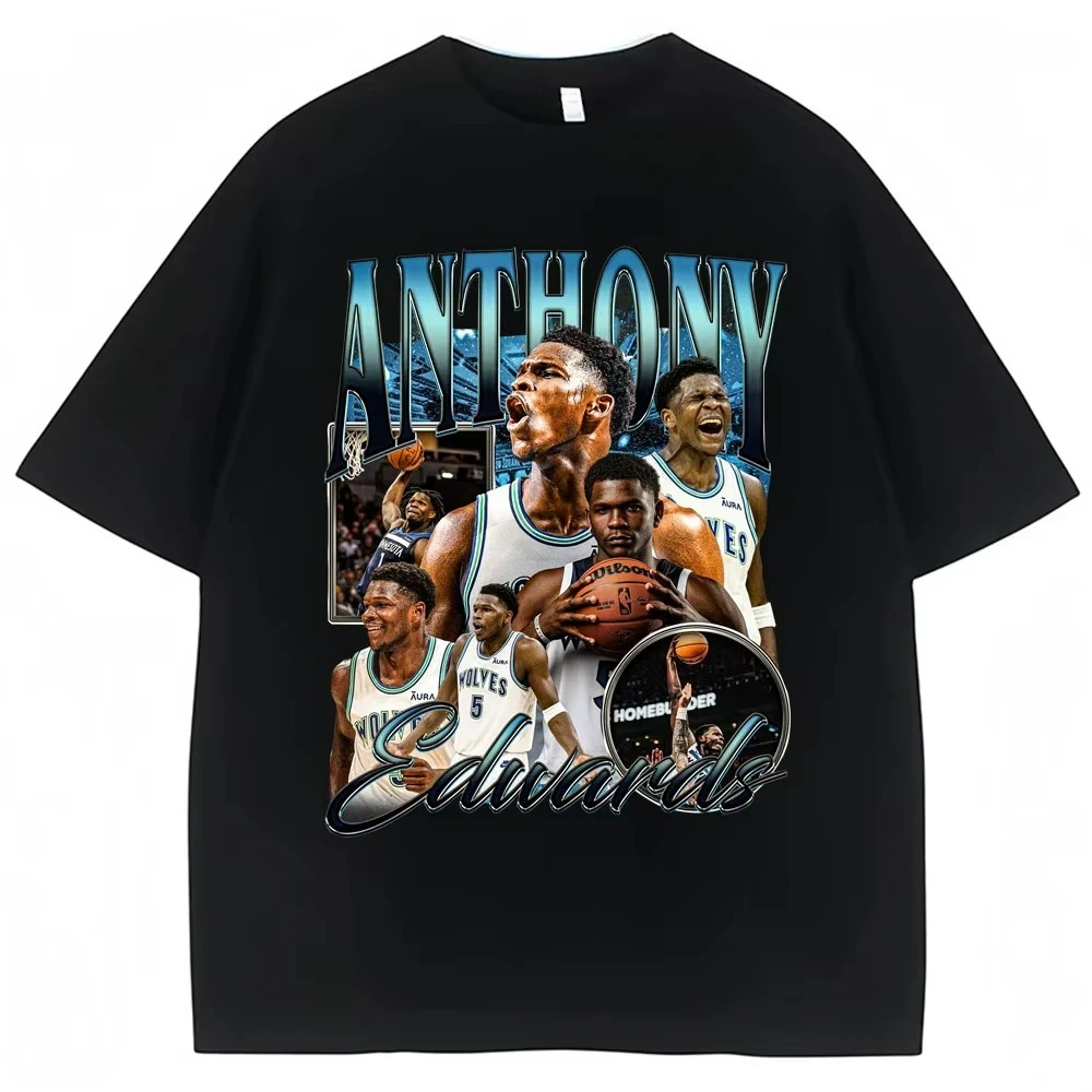 Vintage Anthony Edwards Graphic T Shirt Men's Clothing Basketball Fans Gift T-shirt Cotton Oversized High Street T-shirts Male