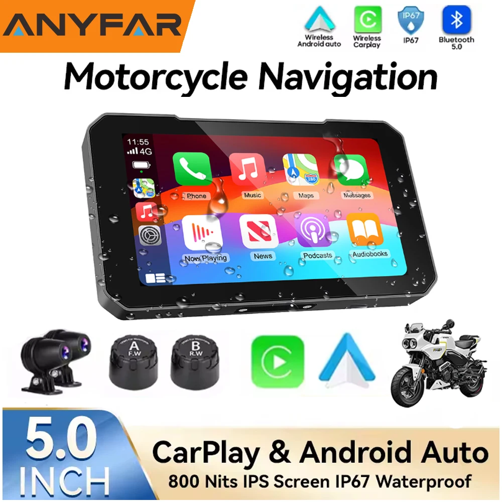 

5-дюймовый портативный мотоциклетный навигационный GPS беспроводной Carplay и Android автоматический мотомонитор IPX67 водонепроницаемый дисплей двойной Bluetooth 5.0