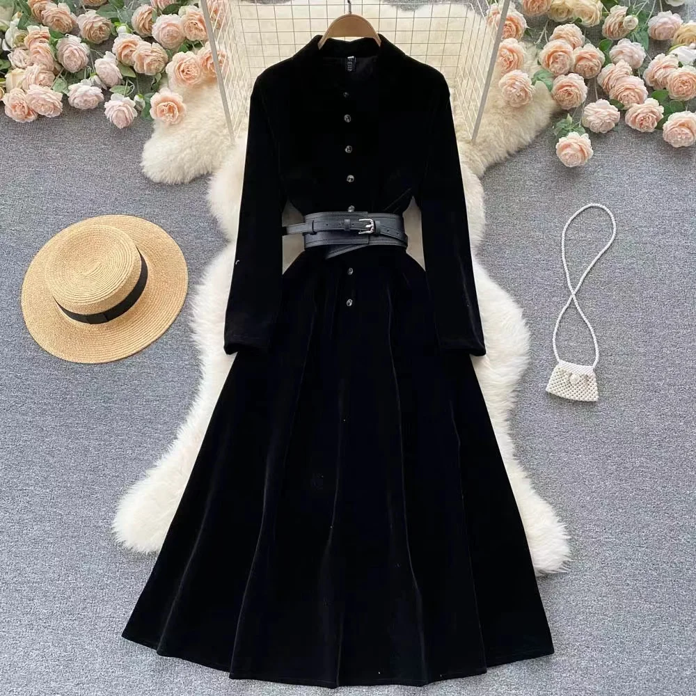

French Vintage Temperament Elegant Dress For Women Autumn/Winter New Turn-done Collar Long Sleeve A-Line Long Dress With Belt
