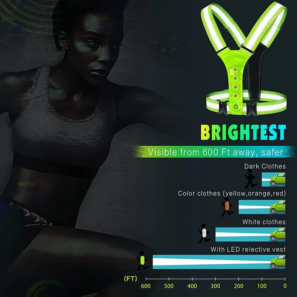 Rompi lari reflektif LED, rompi keamanan dapat diatur, perlengkapan lari elastis, rompi menyala sempurna untuk lari, berjalan, bersepeda