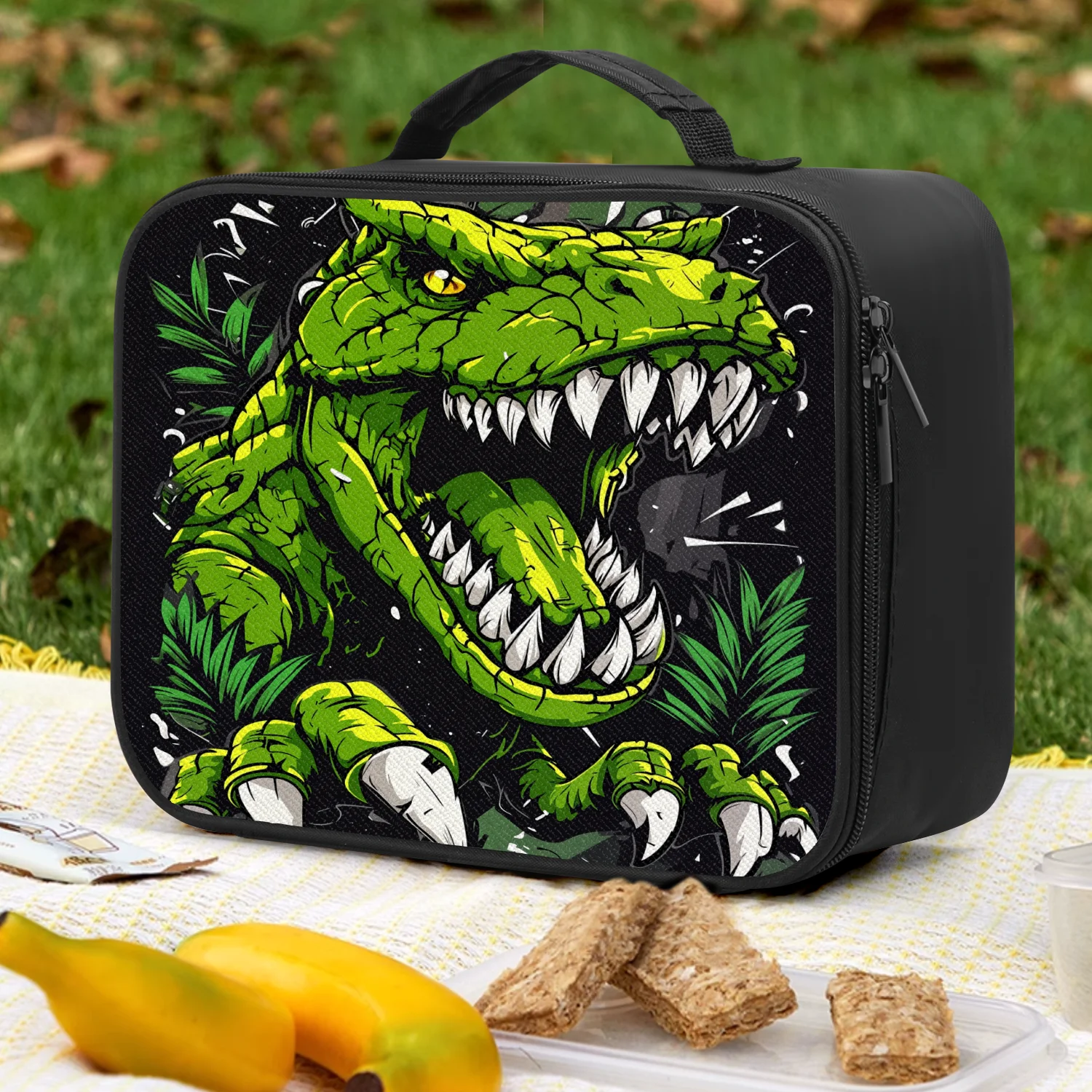 Zippered Lunch Bag Black Green T-Rex Dinosaur Roaring Claws Jungle Tropical Leaves Cartoon Comic Wild Reusable Portable