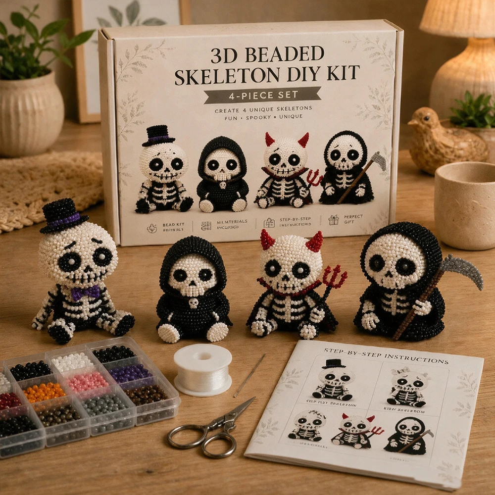 3D Beaded Skeleton Figurine DIY Kit, Spooky Halloween Ornament Set, Step Tutorial Included, Creative Handcraft Gift For Crafters