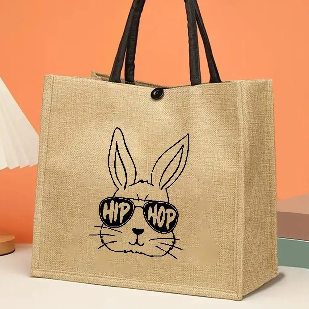 Hip Hop Cool Rabbit Sunglasses Print Linen Tote Bag Reusable Shopping Bag Casual Women Shoulder Handbag Grocery Storage Purse