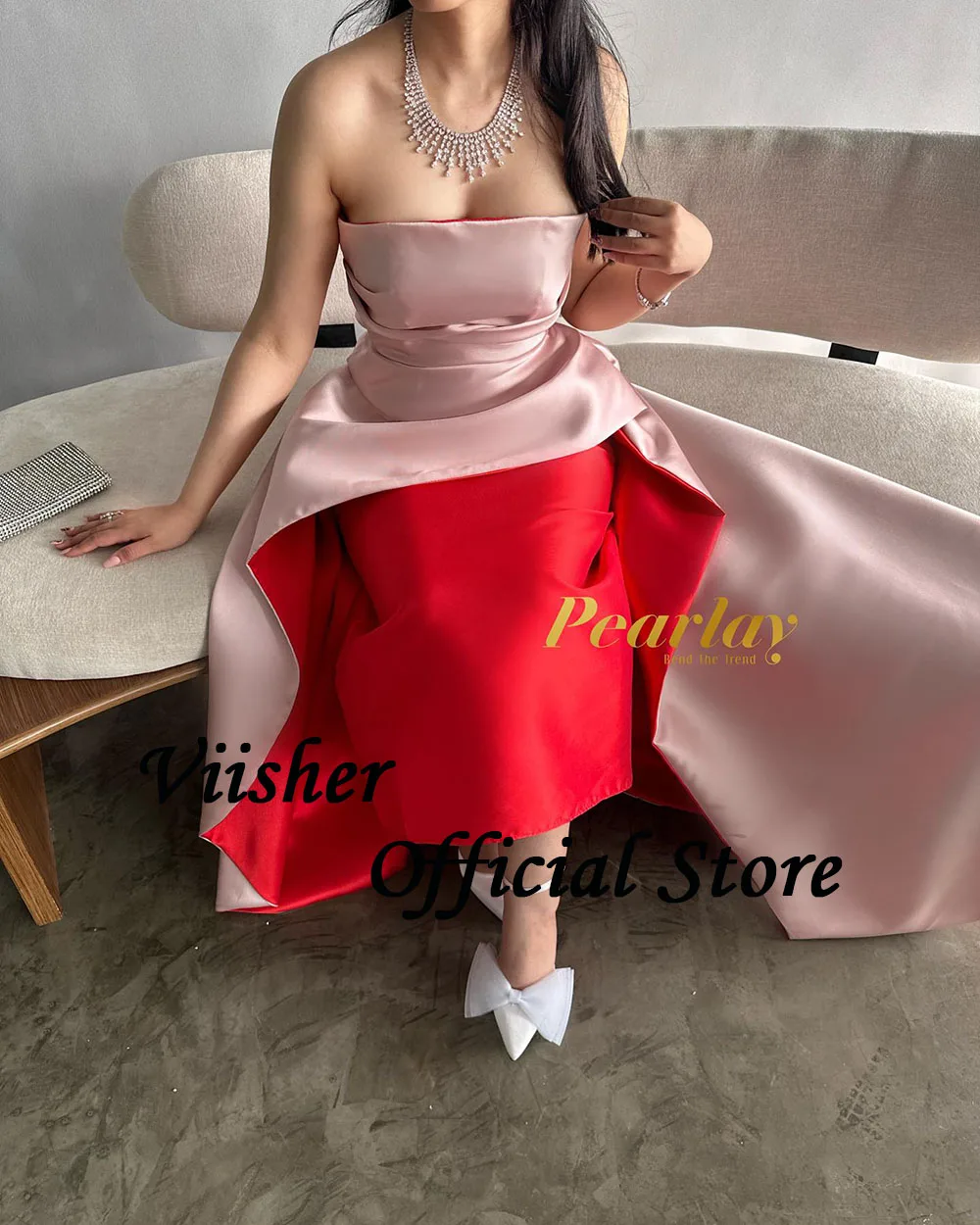 Viisher Pink Red Mermaid Evening Dresses Pleats Strapless Dubai Arabic Prom Party Dress with Train Long Celebrate Gown