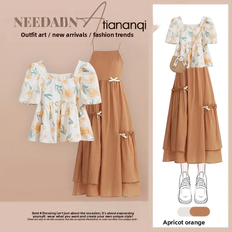 

Floral Print ort Sve irt And High Waist Strap Dr Set Summer New Arrival Lazy Sle Tea Series Youthful Faion Set