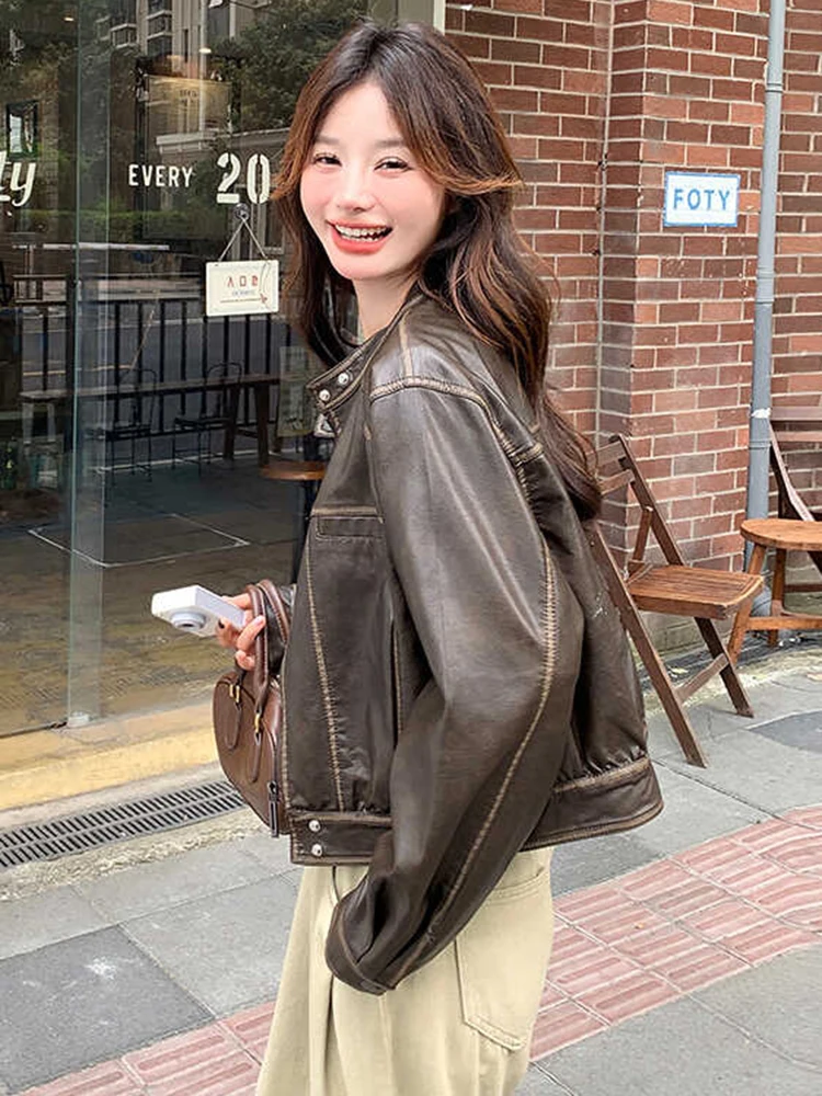 LANMREM Vintage Leather Short Jackets Women Long Sleeves Zipper Streetwear Coat Fashion 2024 Female Autumn New Clothing 2VV362