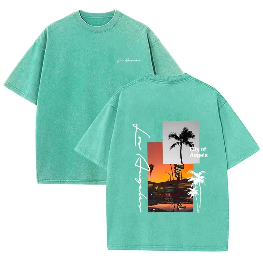 Retro Acid Wash Oversized T-Shirt mit LA City of Angels Kokosnussbaum-Szenerie Grafik auf Vorder- und Rückseite Lässige Oberteile Asiatische Größe – Detail 7