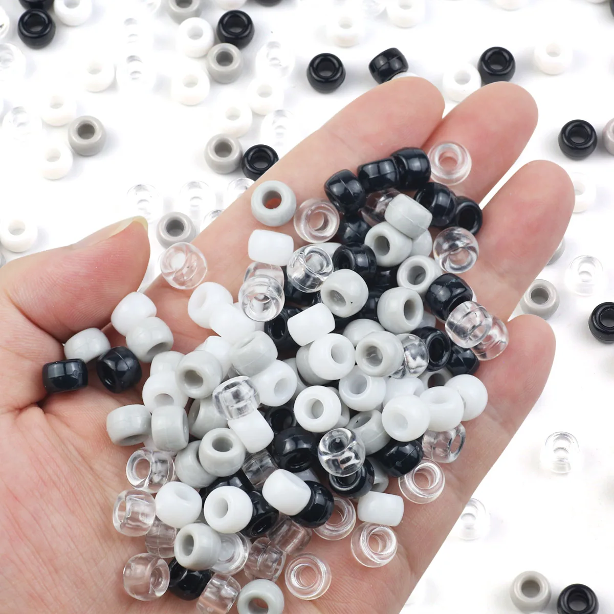 6x9mm 200-1000pcs Round Acrylic Black White Grey Spacer Loose Pony Beads For Jewelry Making DIY Hair Braids Bracelets Necklaces
