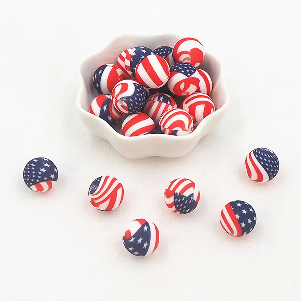 

Chenkai 10PCS 15mm USA Flag Print Silicone Beads Baby Round Shaped Beads Teething BPA Free DIY Sensory Chewing Toy Accessories