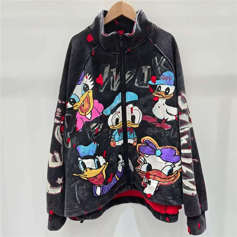 유럽 2025 가을 에디션 루즈핏 중대형 컬러 패치워크 만화 패턴 야구 재킷