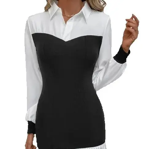 

Women's Dresses Autumn New Style Contrast Color Splicing Work Commuting Temperament Hip Hugging Skirt Fake Two-Piece Dress Women