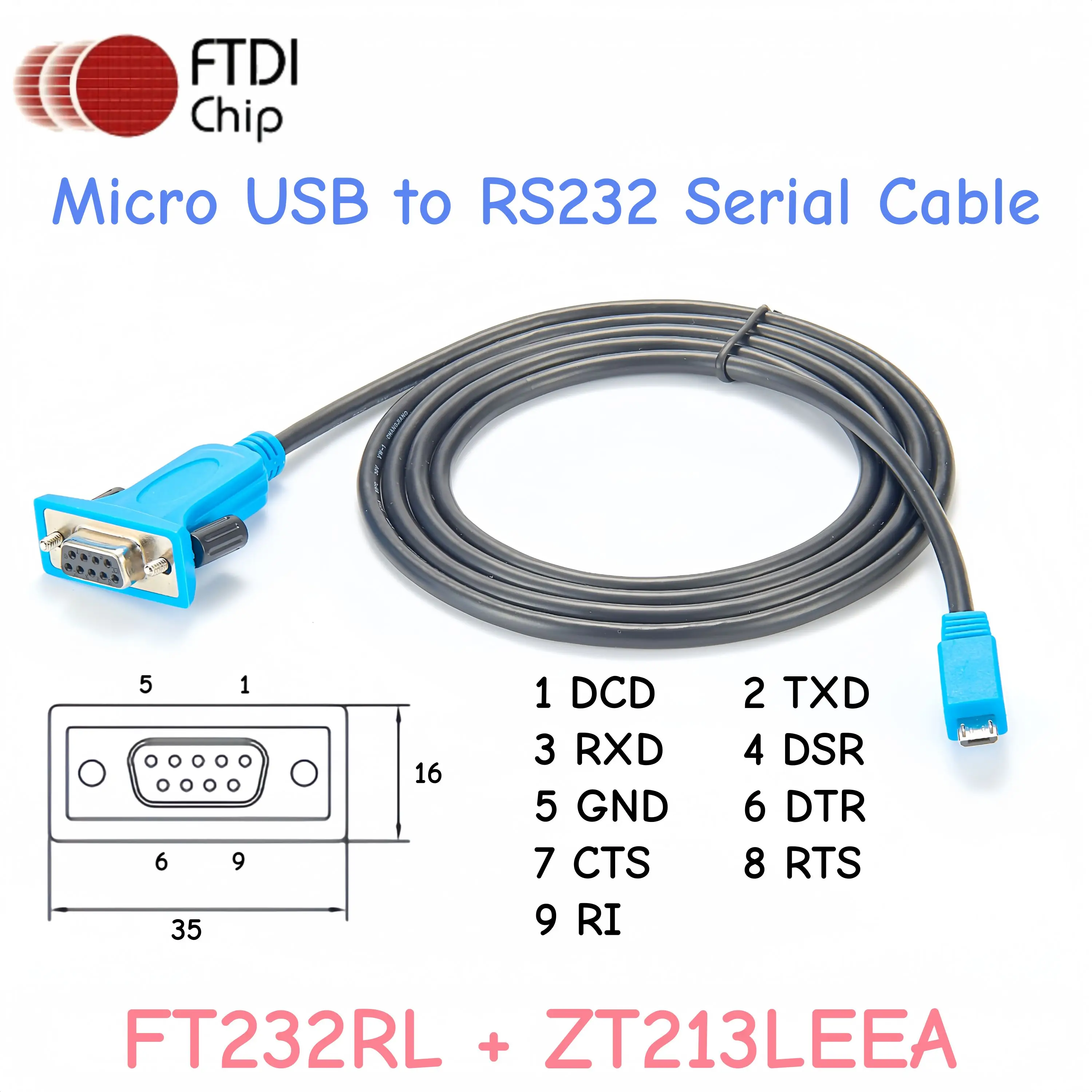 

5FT Micro USB to DB9 RS232 Serial Cable with FT232RL Chip FTDI Micro USB to RS232 DB9 9Pin Female Serial Adapter Converter Cable