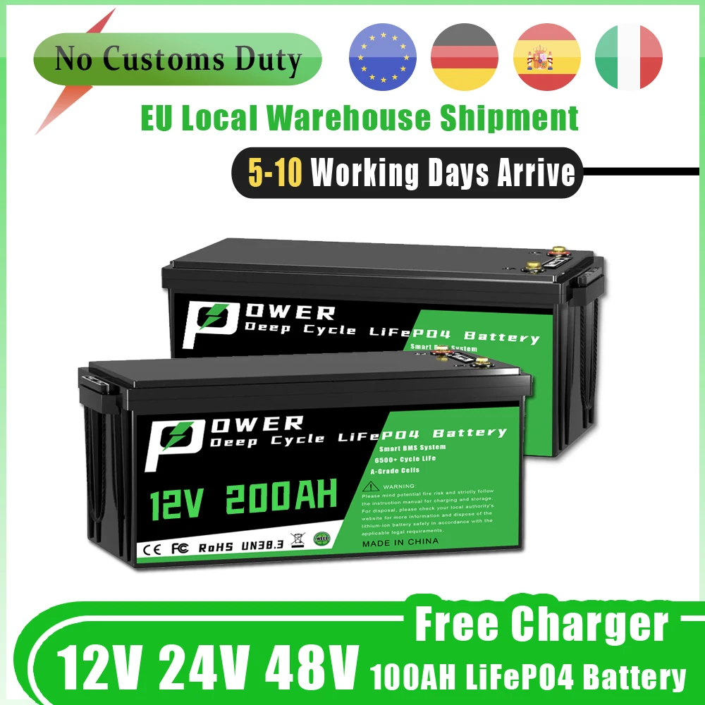 

New 12V 24V 48V 100Ah 200Ah LiFePO4 Battery 12.8V 25.6V 51.2V Lithium Iron Phosphate Built-in BMS Charger For Solar Boat No Tax