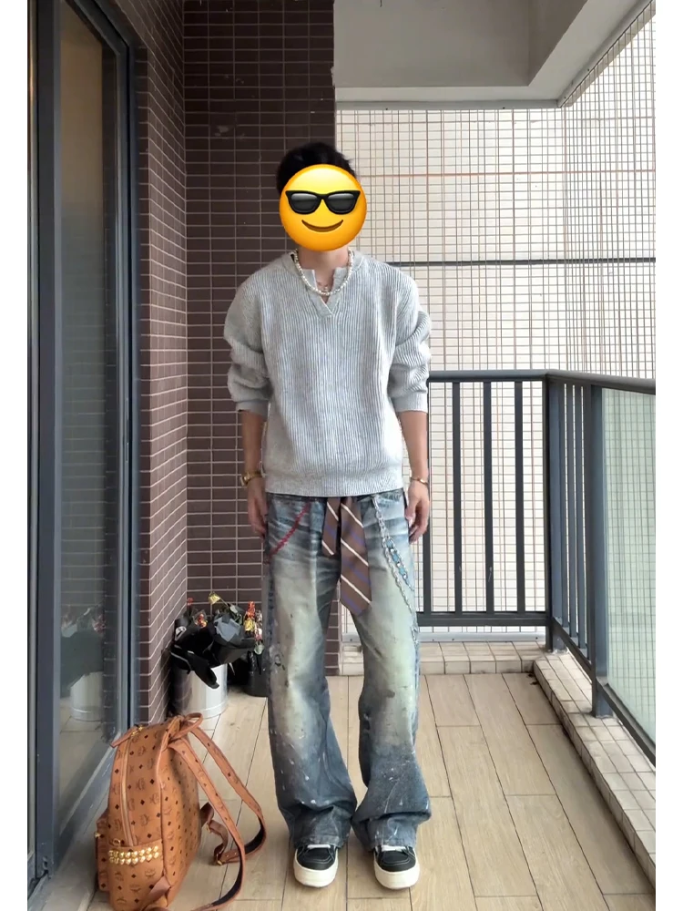 

3D Denim Jeans Men's High Street Straight Leg Clean Fit Wide Leg Pants AC Chain Pendant Casual High Waist Jeans for Teens