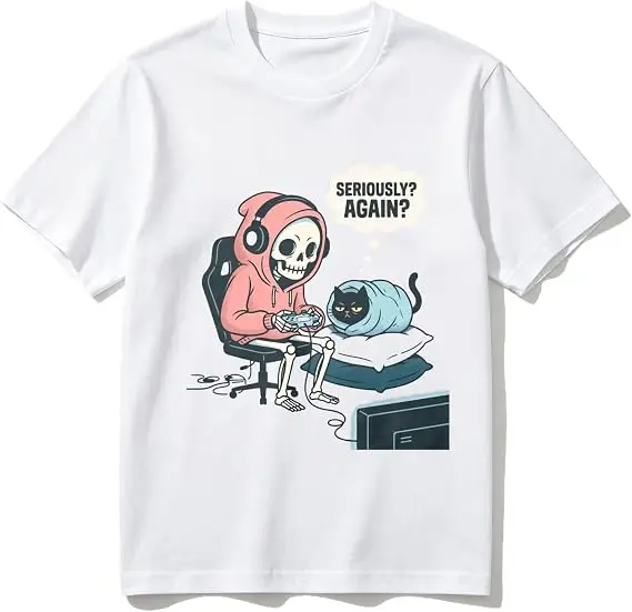 Skeleton Gaming T-Shirt mit Katzengrafik – Lustiges Gamer- & Tierliebhaber-Design, lässiges, weiches Baumwoll-Crewneck-Top für Männer und Frauen, Halloween-Kostüm – Detail 10