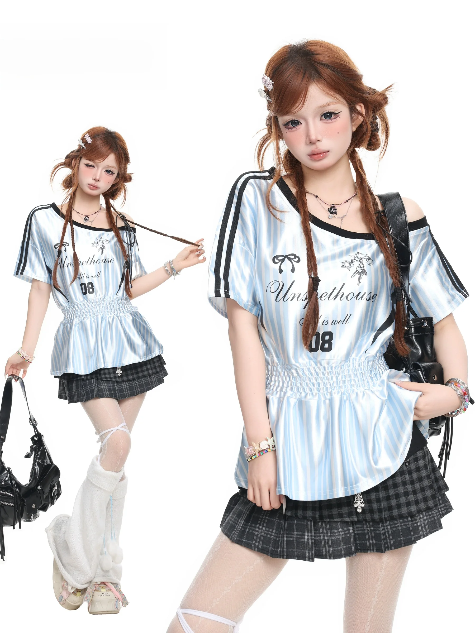 

Basterds American Letter Print Stripe Shoulder T-Shirt Women Summer Design Spicy Girl Waist Cinched Short Sleeve Top