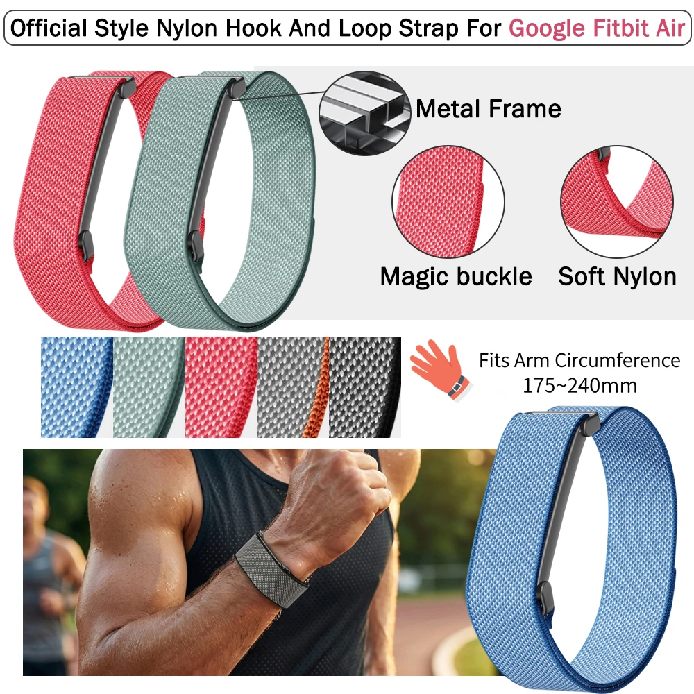 2 Stück offizielles Magic Buckle-Nylonband für Google Fitbit Air, leichtes integriertes Armband + Metallrahmen für Google Fitbit Air
