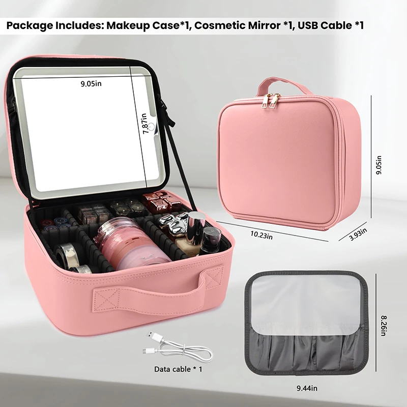 Makeup Bag with LED Lighted Mirror 3 Color Temperatures, Travel Cosmetic Case Adjustable Dividers,  Toiletry Case Gift for Women