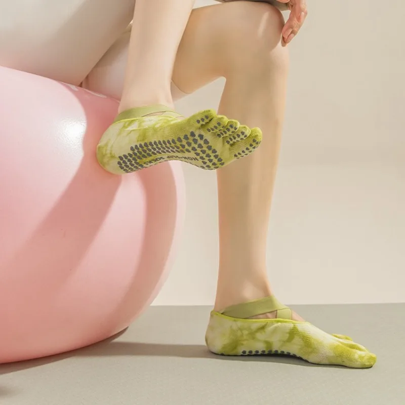 Women Five Toe Socks Women Backless Breathable Bandage Tie-dye Pilates Socks Silicone Non-slip Indoor Workout Dance Yoga Socks