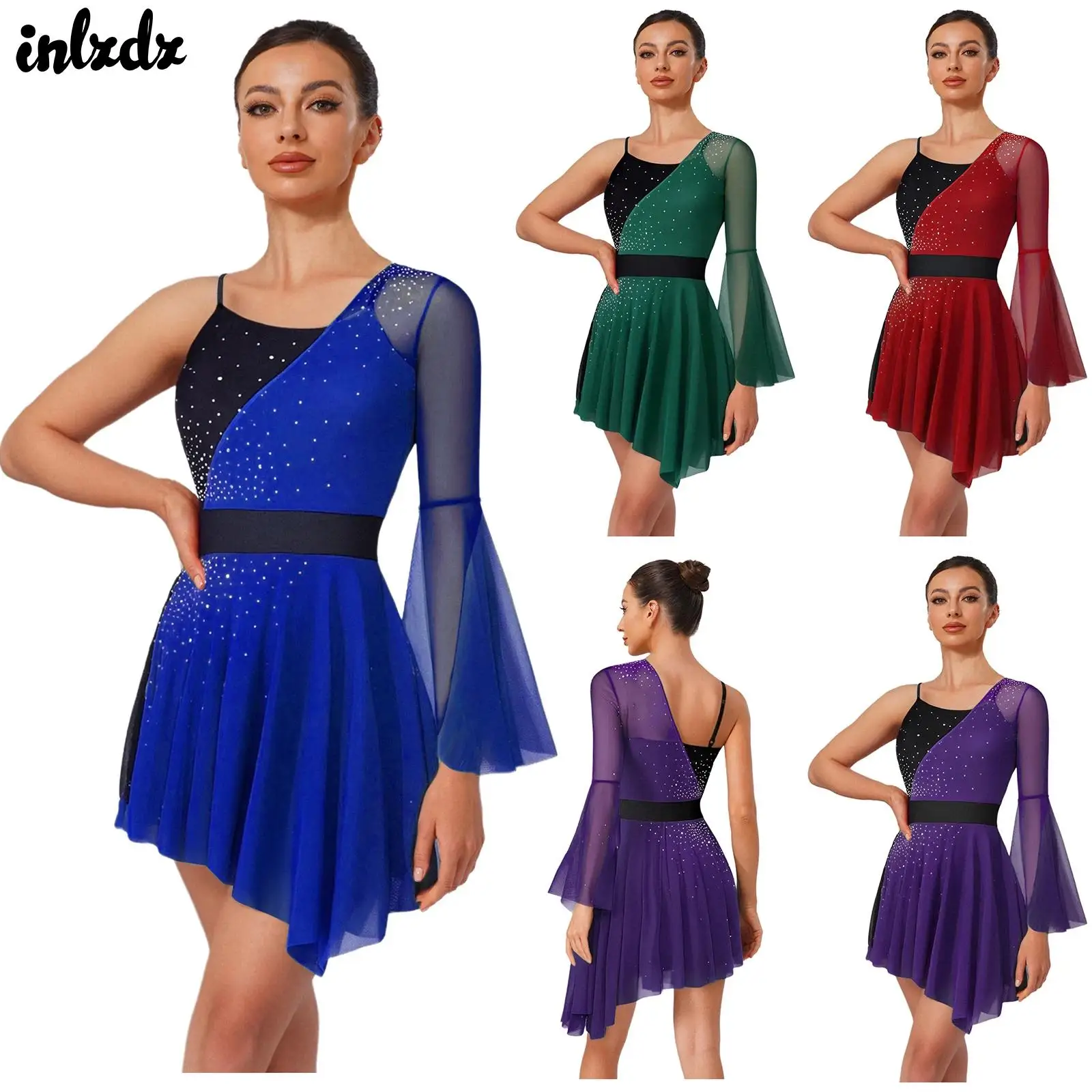 

Womens Shiny Gymnastics Leotards Active Figure Skating Ballet Tutu Dress Costume Modern Contemporary Dance Performance Dresses