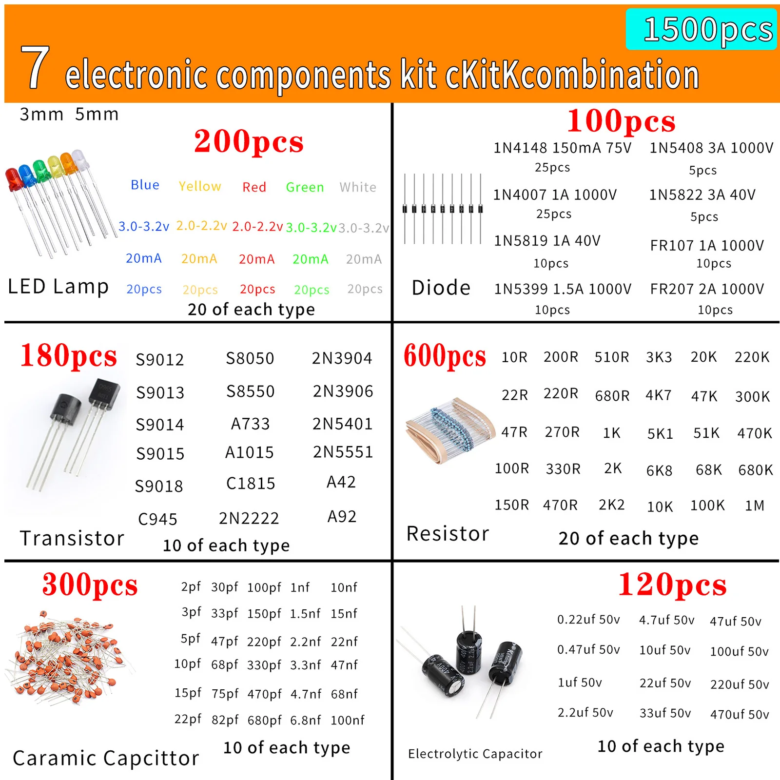 1500pcs Electronics Component Assortment Kit Capacitors Led Diode Rectifier Resistor Transistor For Arduino DIY Project
