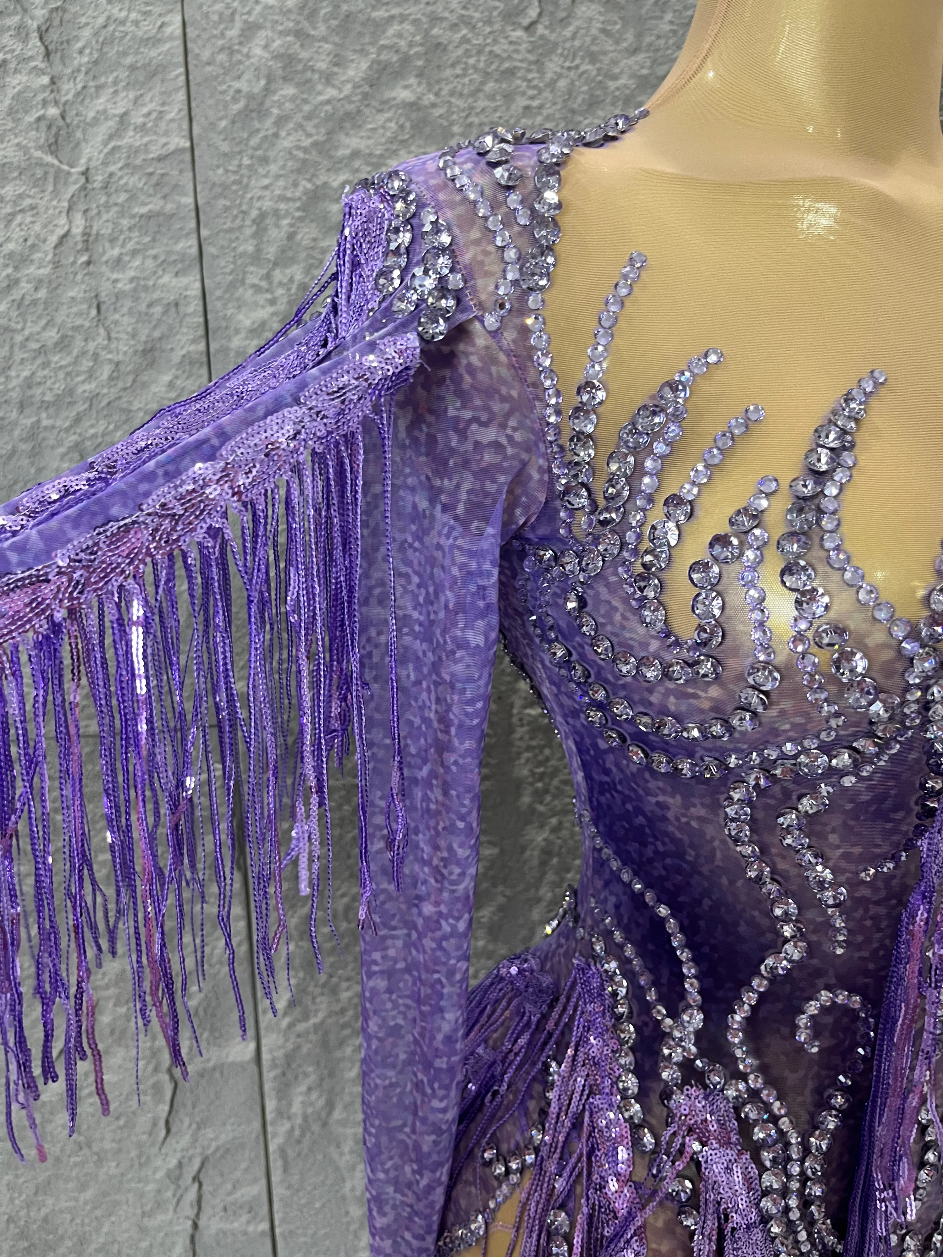 

Sparkly Purple Rhinestone Sheer Dress with Long Tassel Fringe and High Slit Ideal Women Stage Performance Nightclub Party Outfit